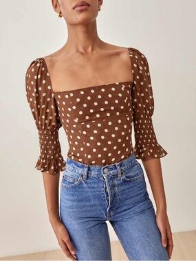 Reformation Portia top brown polka dot